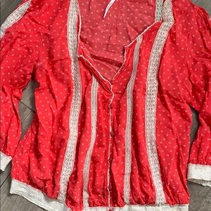 Free People Coral Pink White Lace Crop Top Shirt